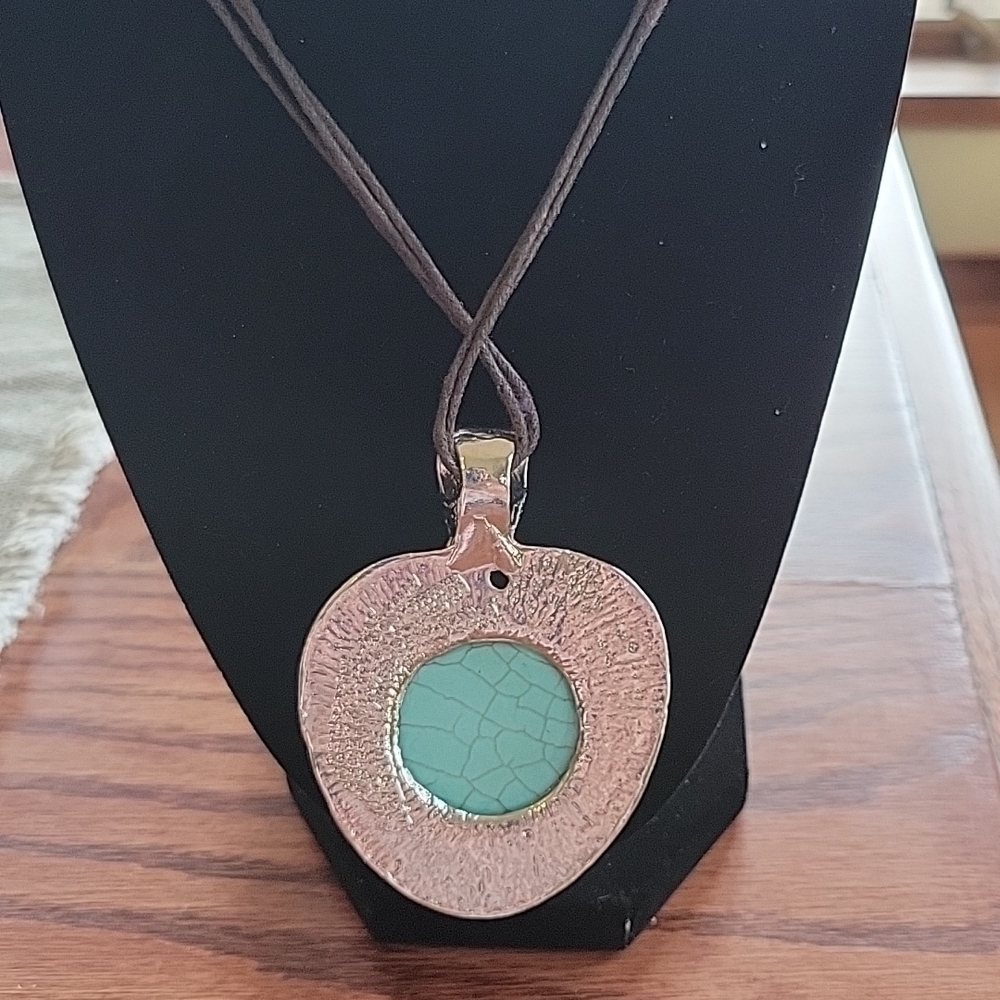 16" Turquoise silver necklace by Erica Lyons on a triple brown cord chain. - Picture 2 of 4